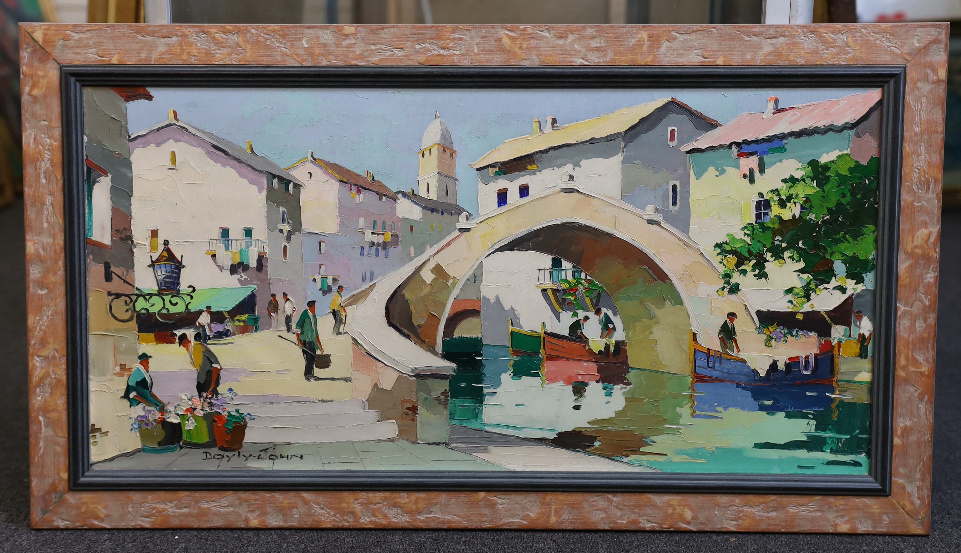 Cecil Rochfort D'Oyly-John (British, 1906-1993), 'Bruges, near Brussels, Belgium', oil on canvas, 35 x 70cm